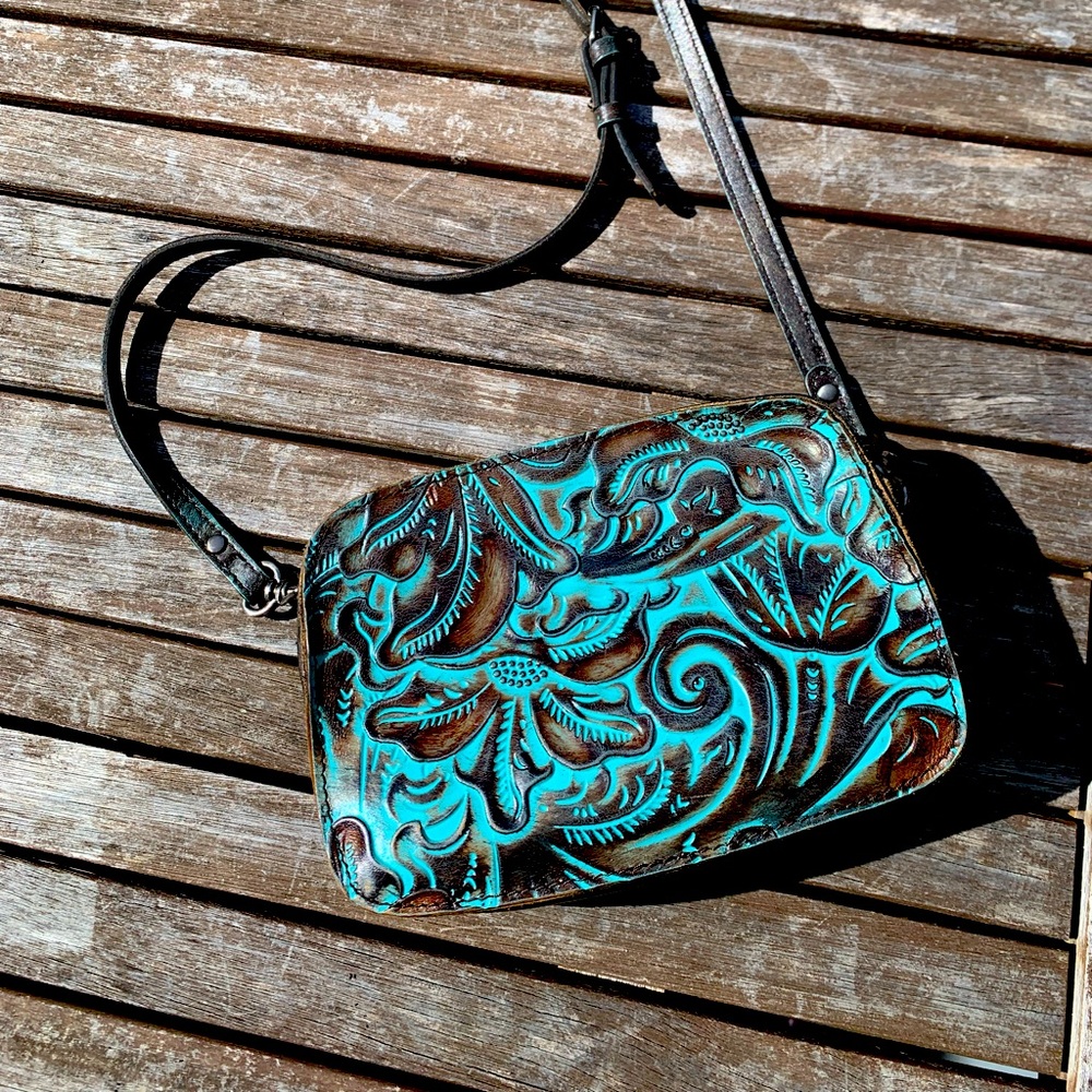 Patricia Nash Crossbody Turquoise Embellished Tooled Leather